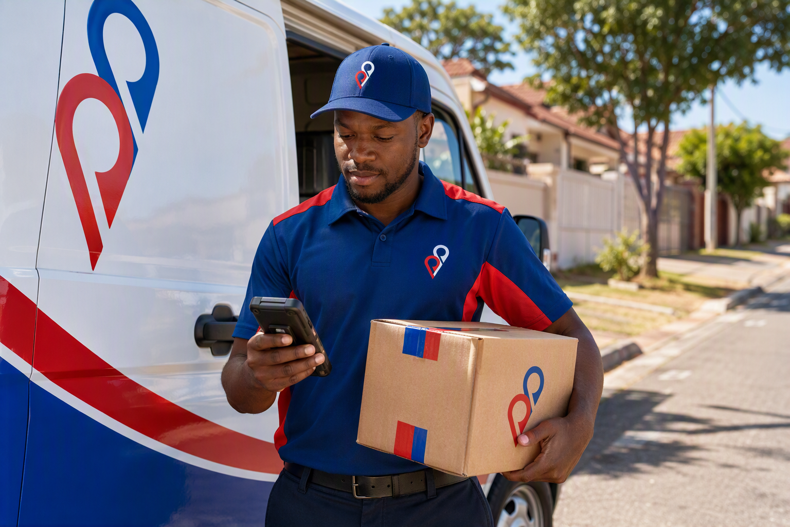 PointoPoint courier scanning a branded parcel beside a delivery van