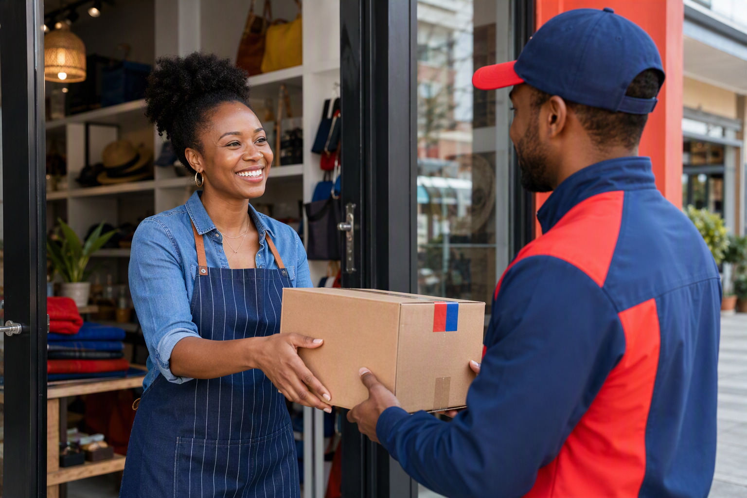 PointoPoint courier handing a parcel to a small business owner